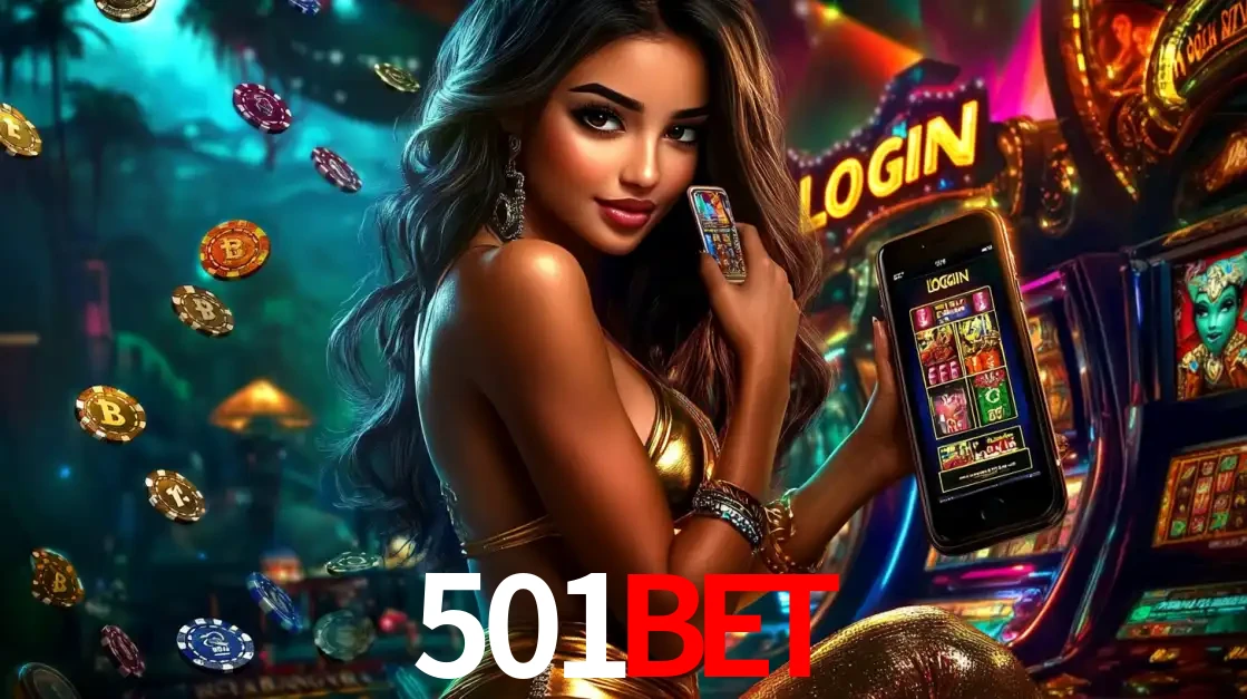 Mulher em um cenário de cassino temático de aventura, mostrando o app de caça-níqueis da 501bet no celular. Fichas de apostas flutuam ao redor.
