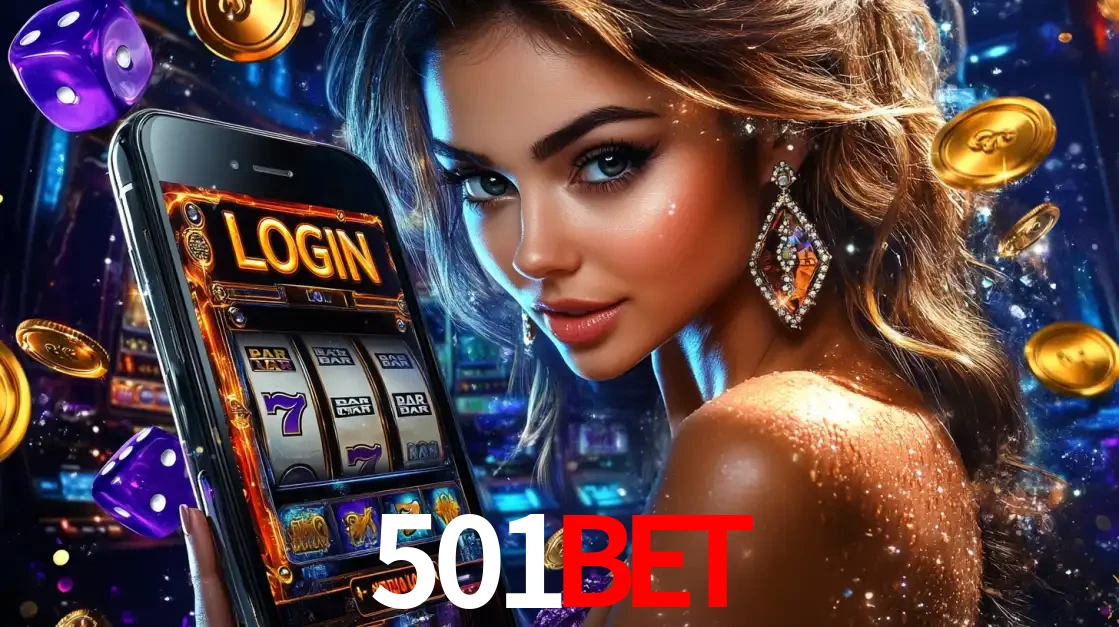 Mulher glamorosa segurando um smartphone com a tela de login para os jogos de caça-níqueis do cassino online 501bet, com moedas de ouro e dados ao redor.