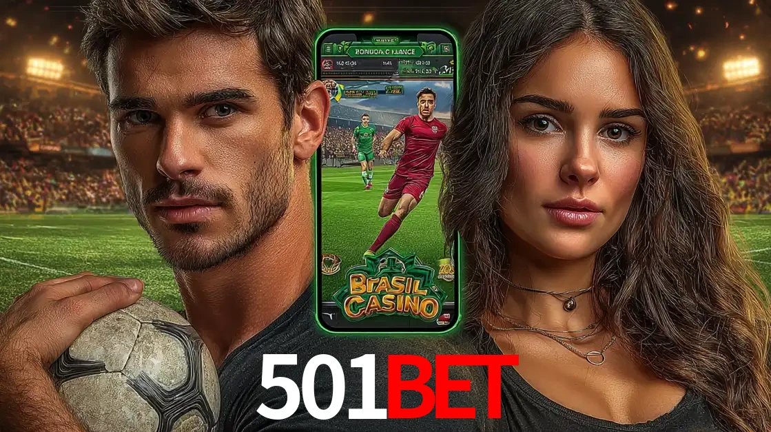 Homem segurando uma bola de futebol e uma mulher ao lado de um smartphone exibindo o jogo de apostas esportivas da 501bet. Faça seu palpite no cassino online.